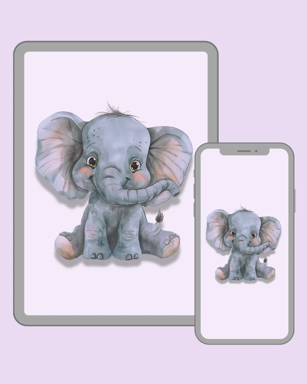Cute watercolor elephant with big ears, rosy cheeks and a curled trunk
