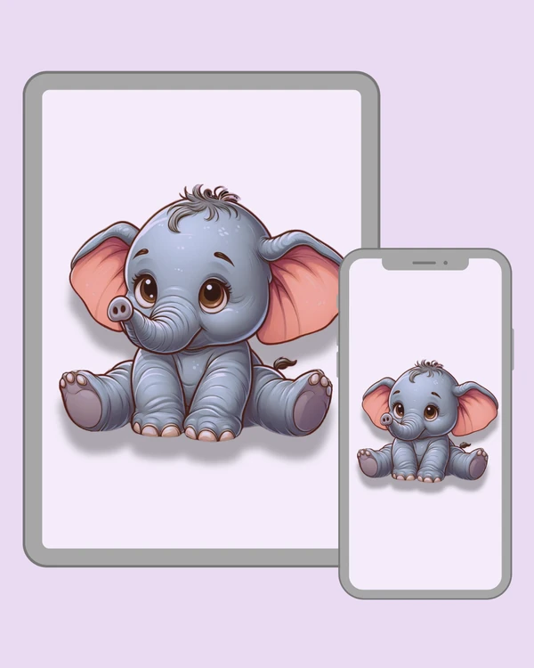 Adorable cartoon elephant with huge brown eyes and soft pink ears