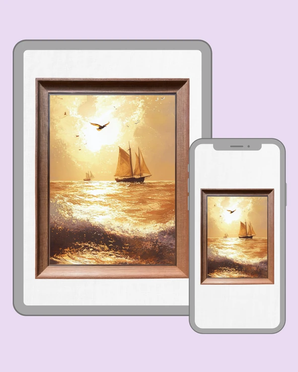 Sailboats crossing a shimmering golden sea beneath a radiant sunset sky