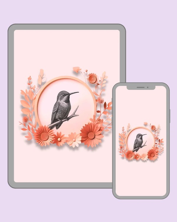 Detailed vintage hummingbird resting peacefully on a branch among coral blossoms