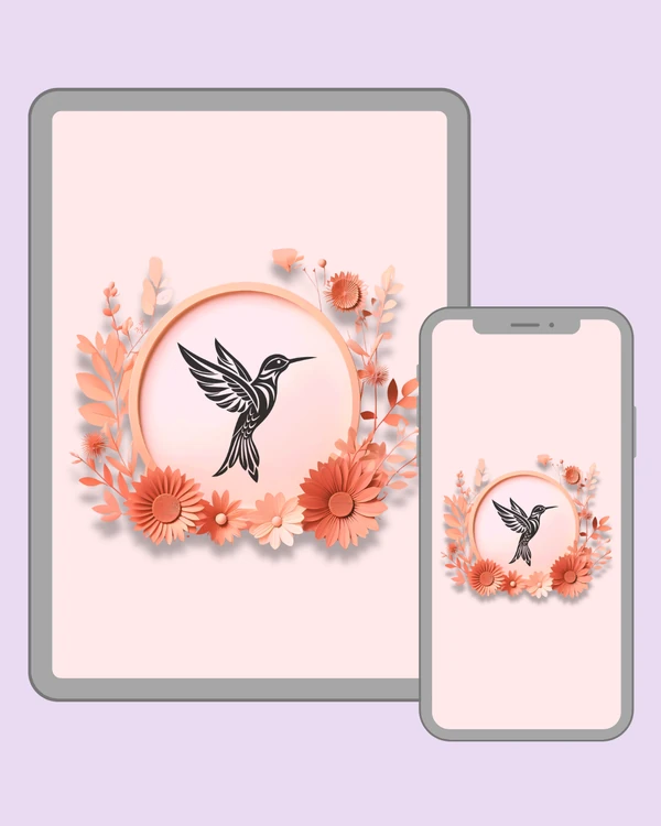 Elegant black hummingbird with clean graphic feathers in a dreamy floral setting
