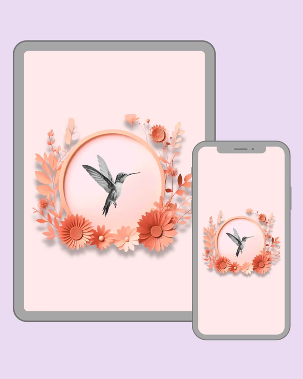 Soft realistic hummingbird hovering among warm coral flowers and delicate foliage