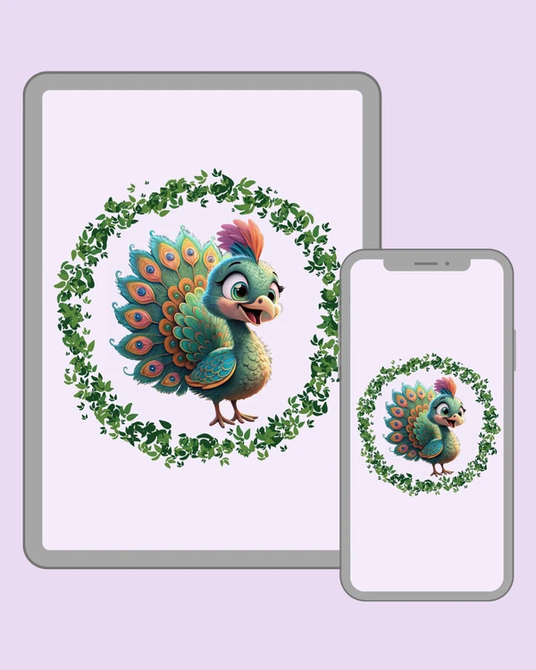 Cheerful fantasy peacock with colorful eye feathers and a bright playful expression