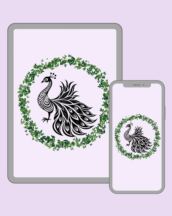 Graceful black peacock illustration with sweeping ornamental tail feathers and elegant curves