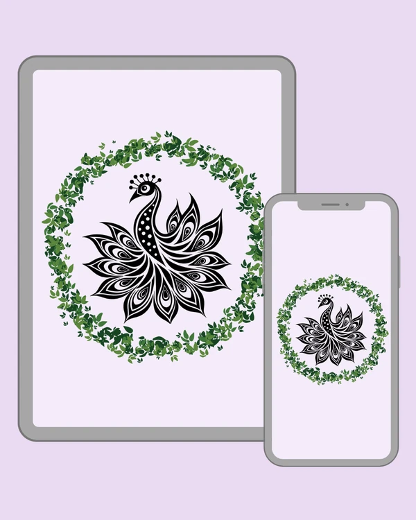 Bold stylized peacock with a dramatic fan of black ornamental eye feathers