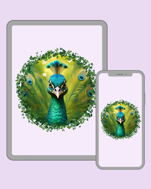 Striking turquoise peacock portrait framed by magnificent green and blue tail feathers