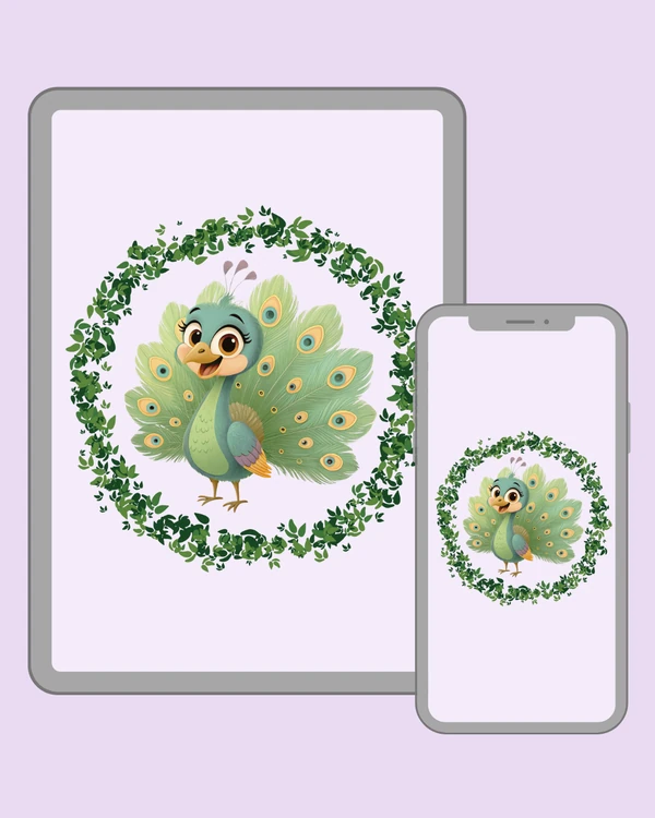 Adorable pastel peacock with big brown eyes and a soft mint green feather fan