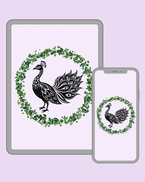 Decorative black peacock silhouette with intricate patterned plumage and flowing tail feathers