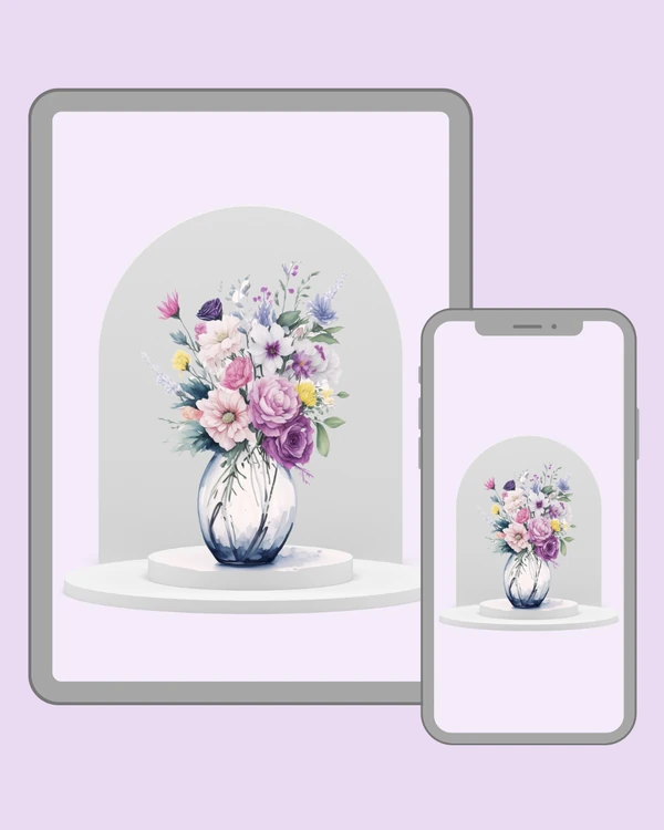 Romantic watercolor bouquet of pink and purple flowers with fresh green leaves in a rounded vase