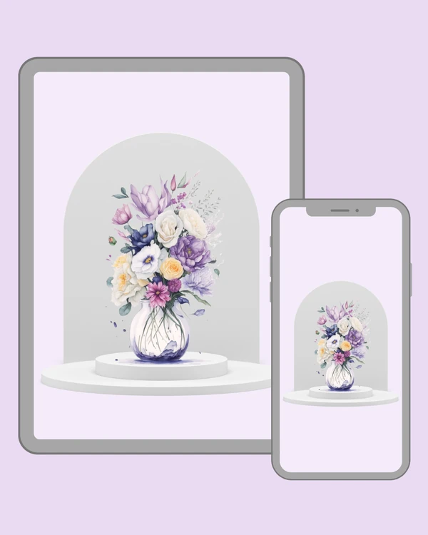 Elegant floral arrangement with lavender, ivory and golden blossoms in a delicate glass vase