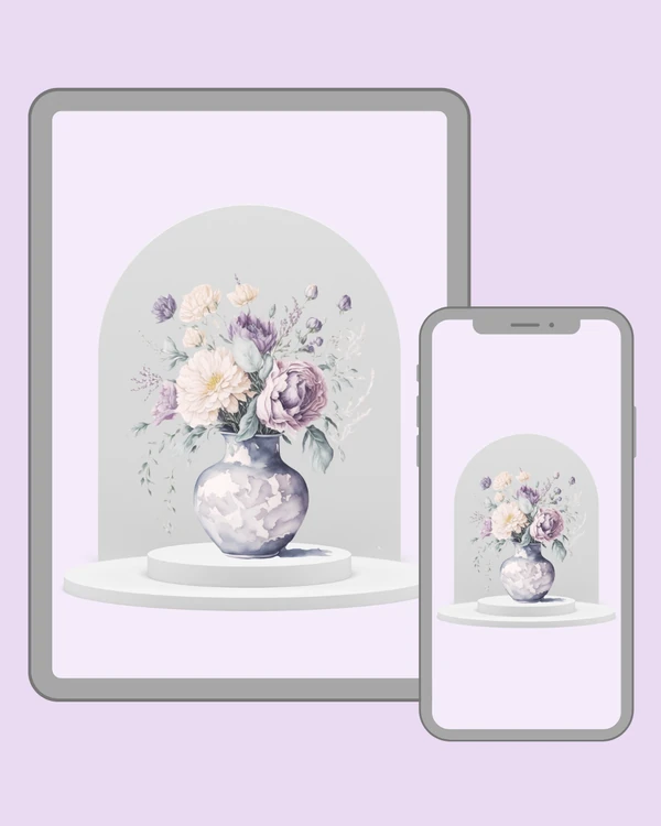 Soft vintage bouquet in muted lavender and cream tones displayed in a marbled purple vase
