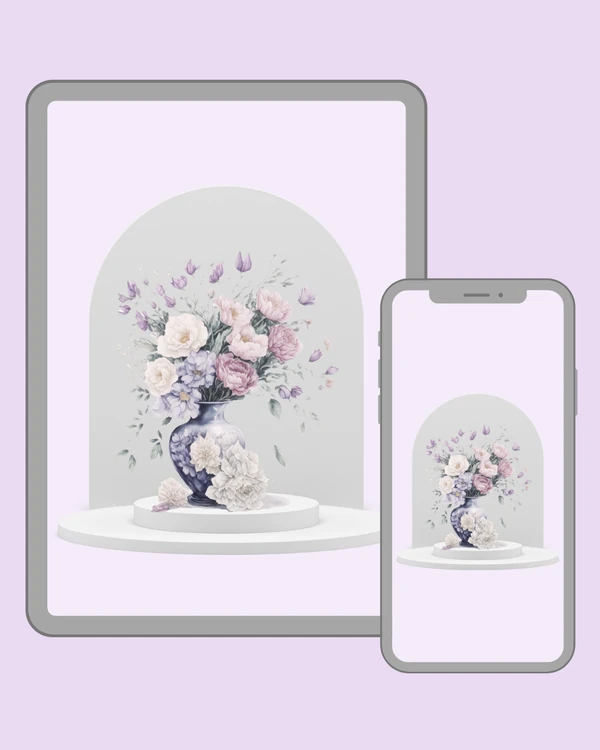 Graceful pink, white and lilac flower bouquet with scattered blossoms around a decorative vase