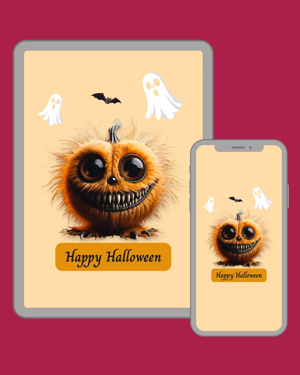Mischievous furry pumpkin creature with huge dark eyes, sharp grin, ghosts and a bat