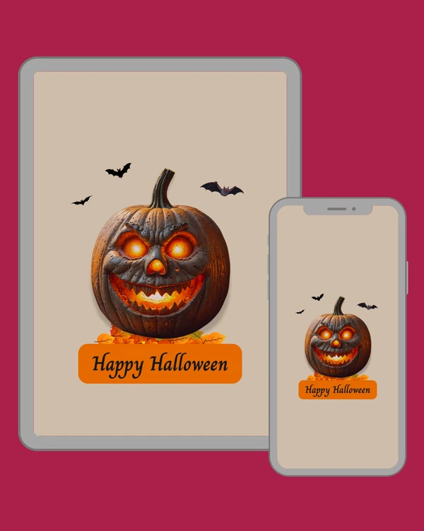 Spooky glowing jack-o’-lantern with a wicked grin and bats against a soft neutral background