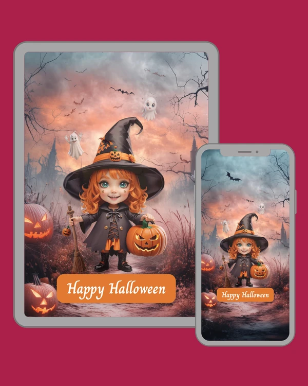Cheerful orange-haired witch with broom and jack-o’-lantern surrounded by ghosts and bats