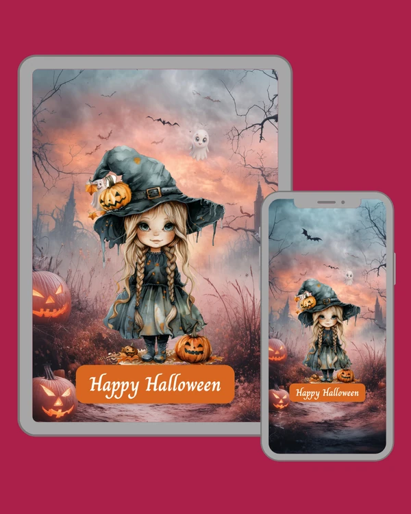 Sweet braided little witch with pumpkin companion beneath a dramatic Halloween sky