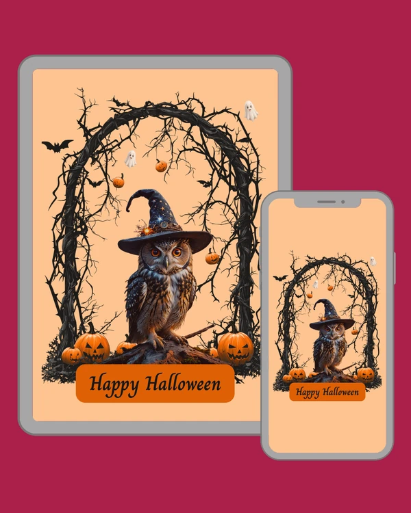 Enchanting owl in a starry witch hat surrounded by pumpkins, ghosts and twisted branches