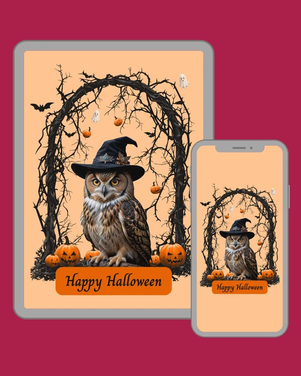 Majestic owl wearing a witch hat beneath a spooky arch of branches, bats and pumpkins