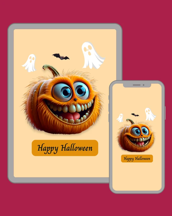 Funny fuzzy orange pumpkin monster with enormous blue eyes, ghosts and a tiny bat